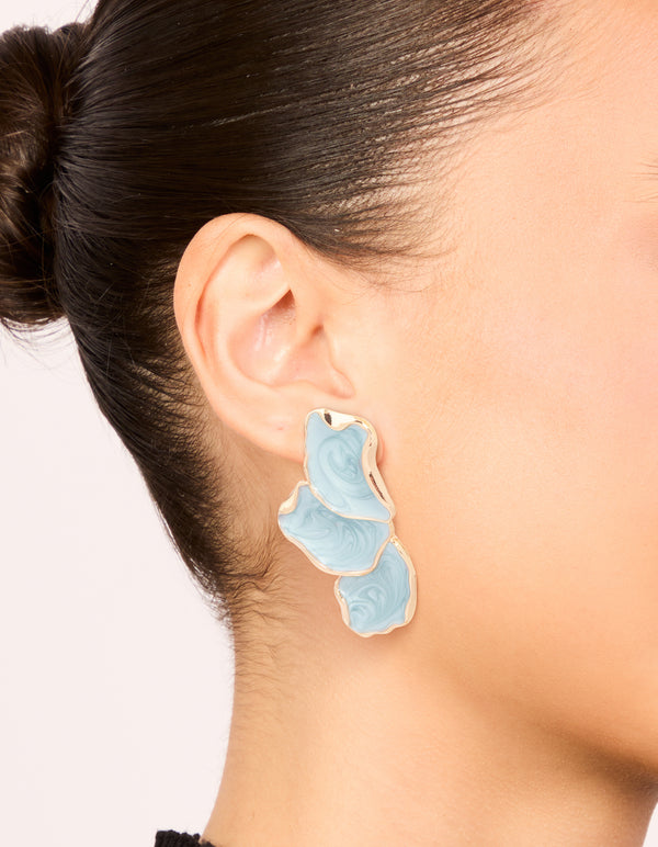 Gold Blue Enamel Small Half Flower Earrings