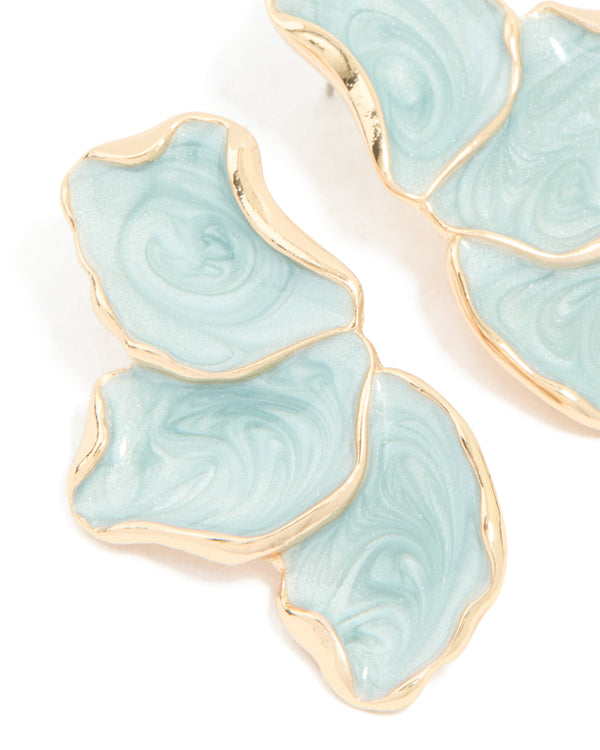 Gold Blue Enamel Small Half Flower Earrings