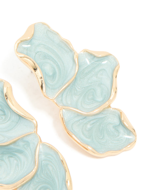 Gold Blue Enamel Small Half Flower Earrings