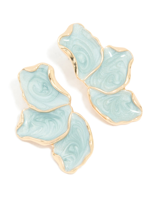 Gold Blue Enamel Small Half Flower Earrings