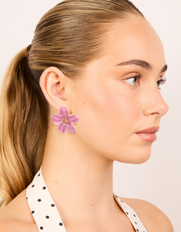 Gold Pink Enamel Small Flower Stud Earrings