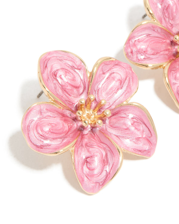 Gold Pink Enamel Small Flower Stud Earrings
