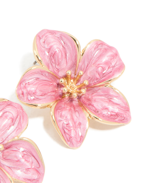 Gold Pink Enamel Small Flower Stud Earrings