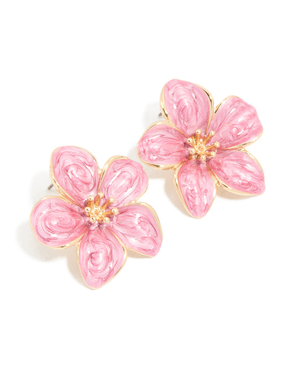 Gold Pink Enamel Small Flower Stud Earrings
