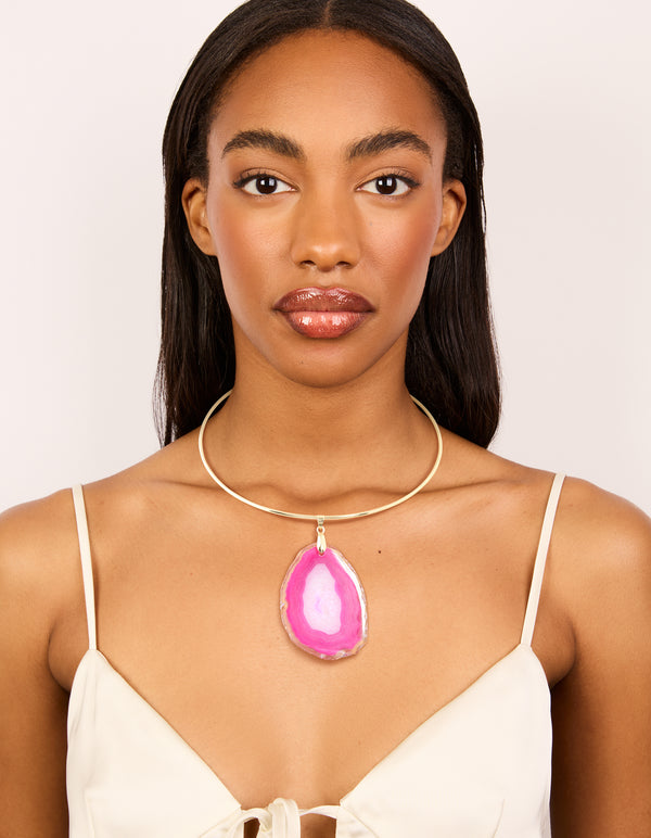 Gold Marbled Pink Stone Pendant Torque Necklace