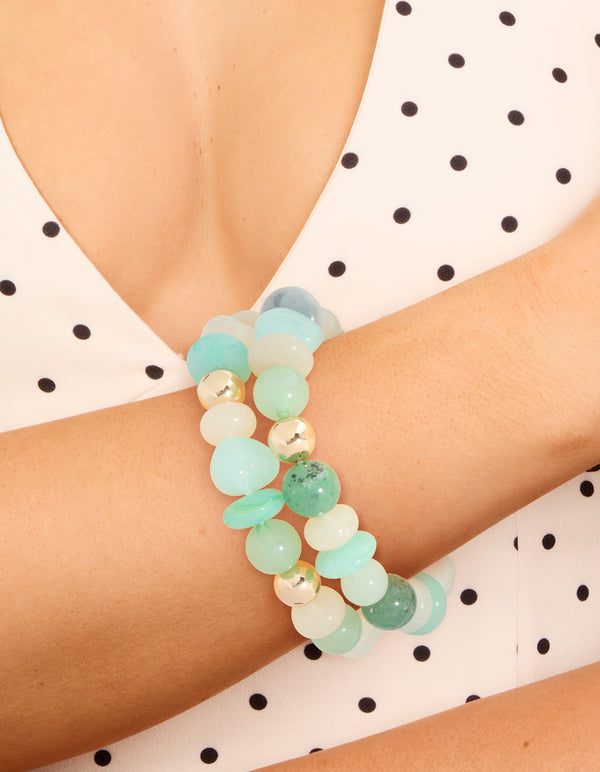 Gold Mixed Blue Acrylic Beaded Stretch Bracelets 2-Pack
