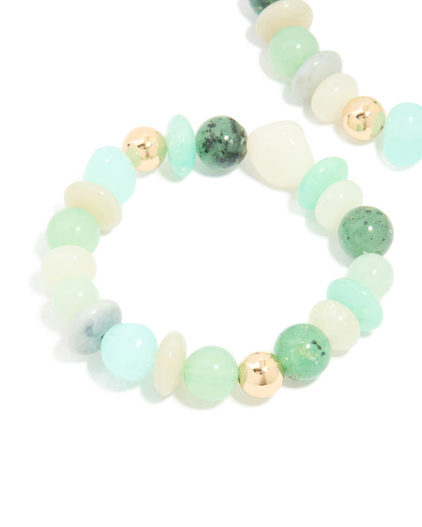 Gold Mixed Blue Acrylic Beaded Stretch Bracelets 2-Pack
