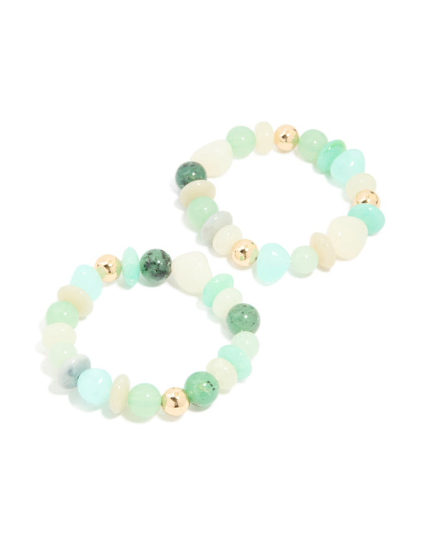 Gold Mixed Blue Acrylic Beaded Stretch Bracelets 2-Pack