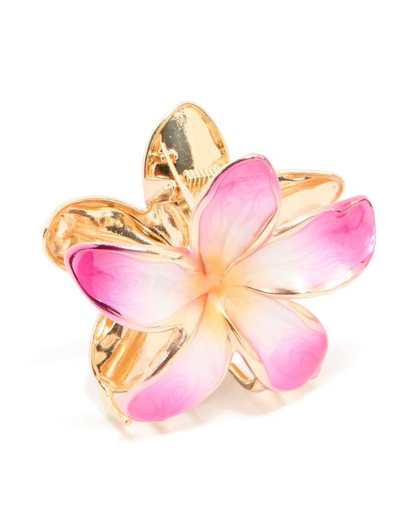 Gold Pink Enamel Frangipani Flower Claw Clip