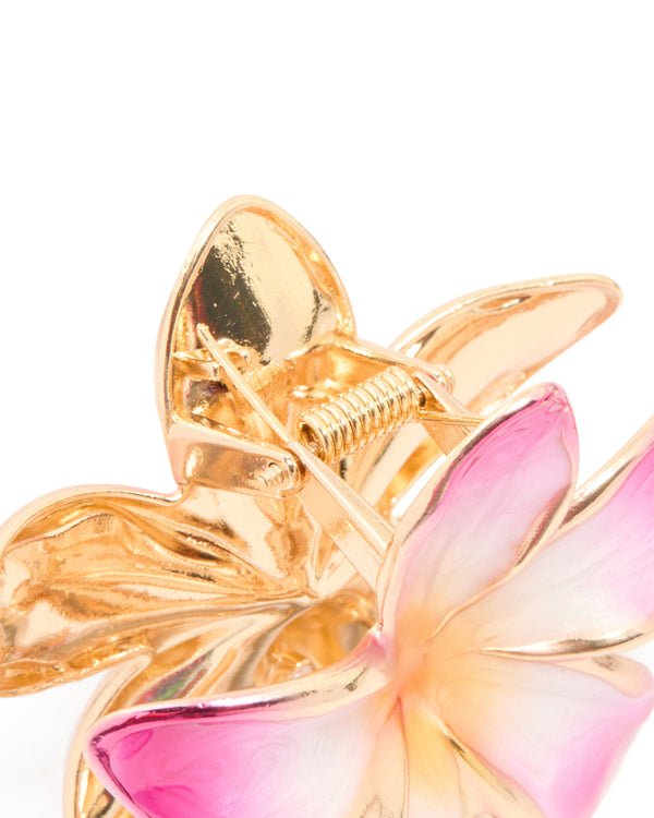 Gold Pink Enamel Frangipani Flower Claw Clip