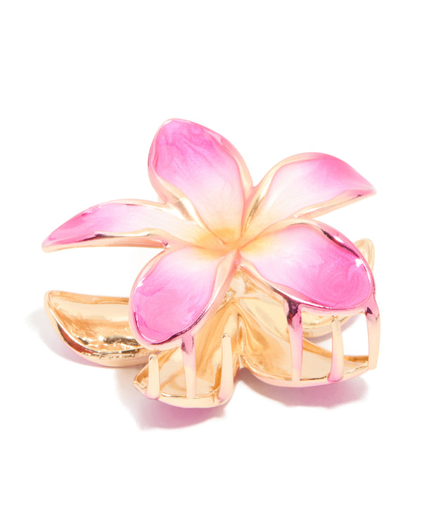 Gold Pink Enamel Frangipani Flower Claw Clip