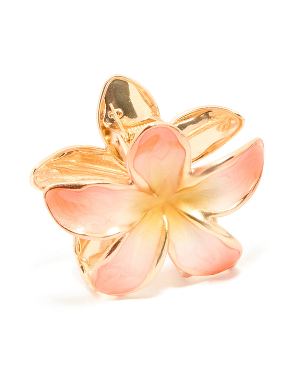 Gold Pink Enamel Fragipani Flower Hair Claw Clip