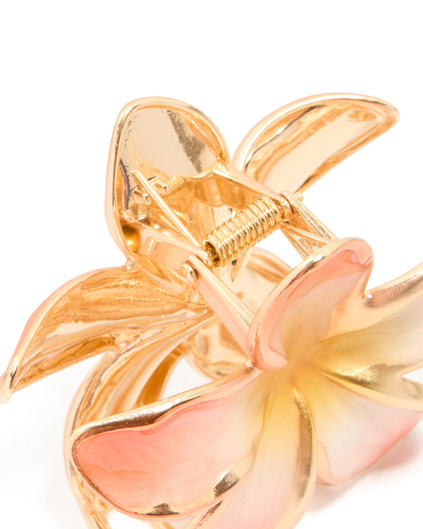 Gold Pink Enamel Fragipani Flower Hair Claw Clip
