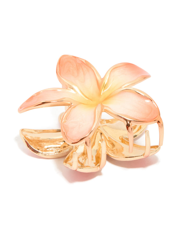 Gold Pink Enamel Fragipani Flower Hair Claw Clip