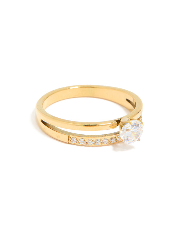 Showcasing a waterproof gold plated stainless steel dainty cubic zirconia double layered ring in a side detail view