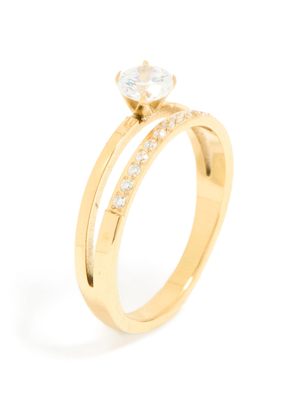 Crafted from waterproof gold plated stainless steel, this dainty cubic zirconia double layered ring is shown in a close up view