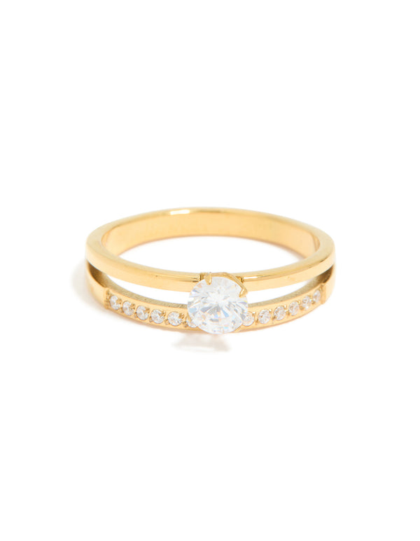 Featuring waterproof gold plated stainless steel with cubic zirconia in a dainty double layered ring design, front view