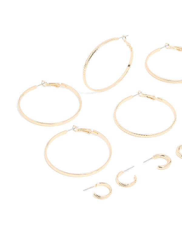 Gold Dainty Textured Smooth Large & Small Hoop Earrings 6-Pack