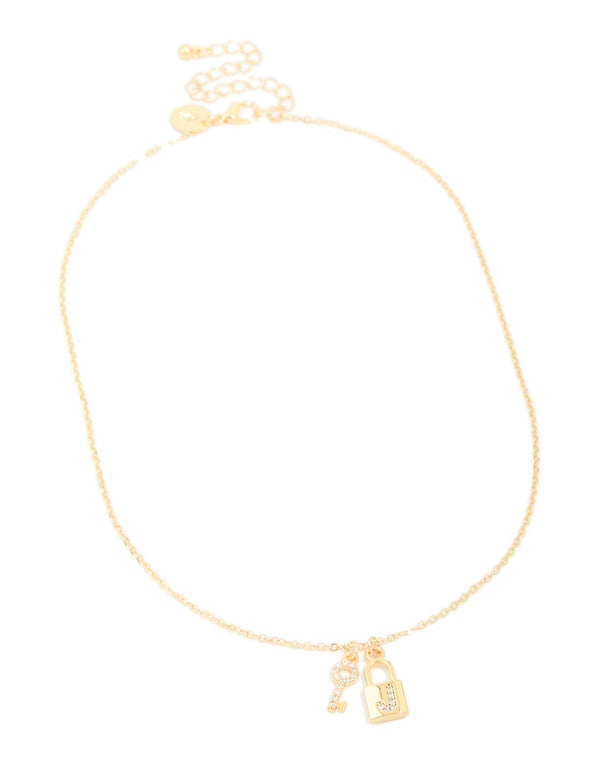 Gold Plated Cubic Zirconia Lock & Key Letter J Necklace