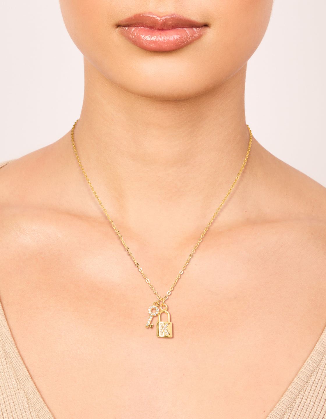 Gold Plated Cubic Zirconia Lock & Key Letter K Necklace