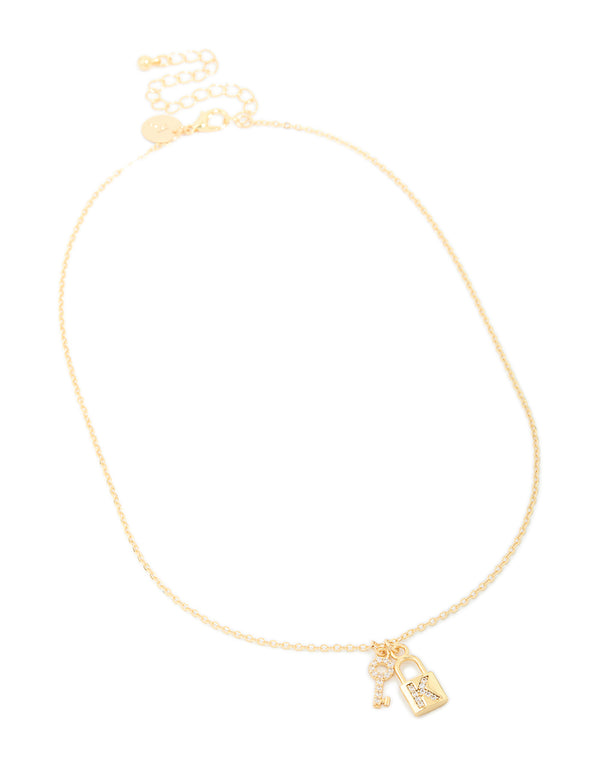 Gold Plated Cubic Zirconia Lock & Key Letter K Necklace