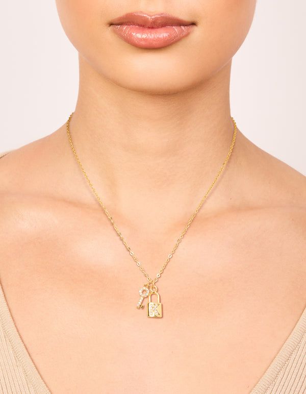 Gold Plated Cubic Zirconia Lock & Key Letter K Necklace