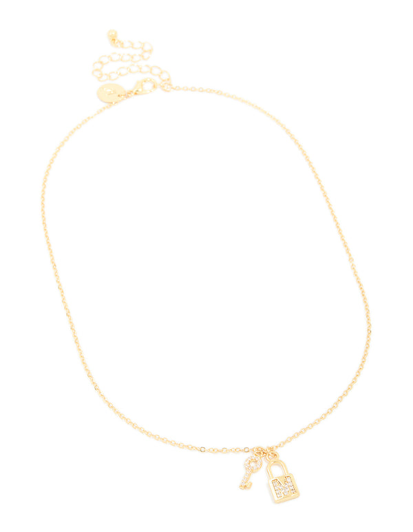 Gold Plated Cubic Zirconia Lock & Key Letter M Necklace