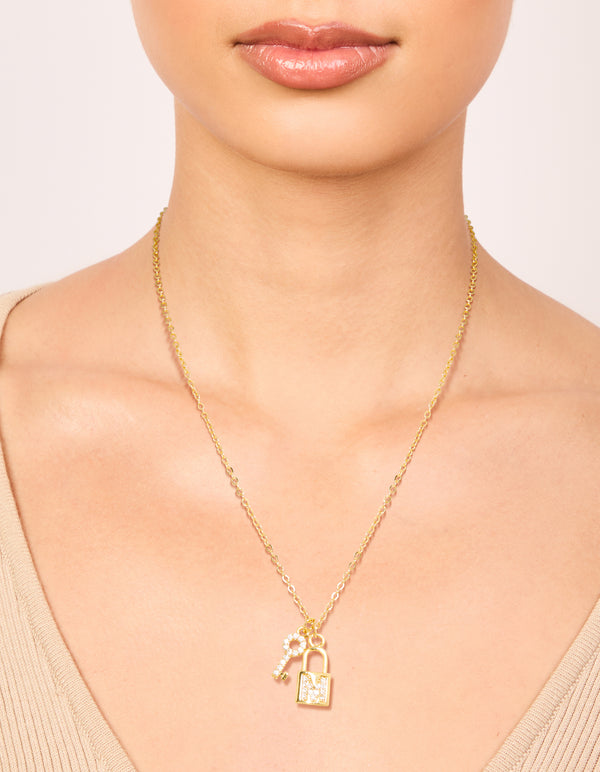Gold Plated Cubic Zirconia Lock & Key Letter M Necklace