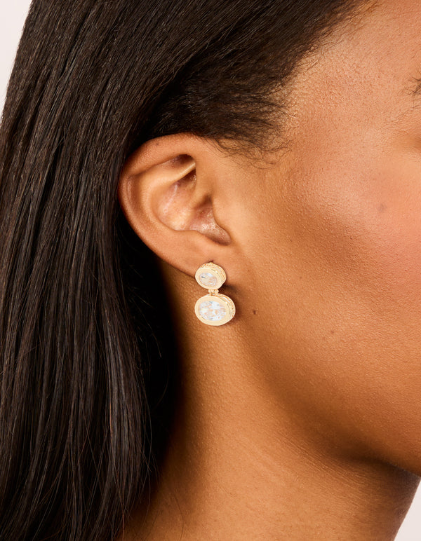 Gold Cubic Zirconia Double Bezel Etched Outer Stud Earrings