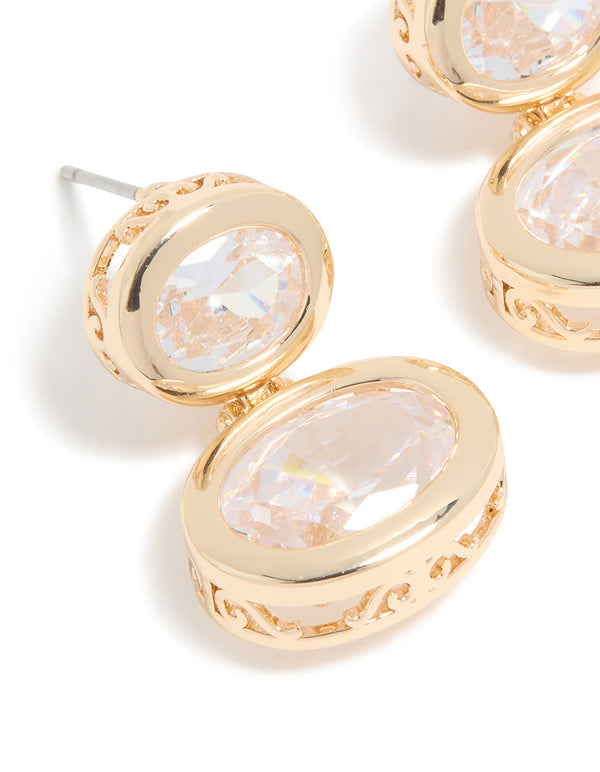 Gold Cubic Zirconia Double Bezel Etched Outer Stud Earrings