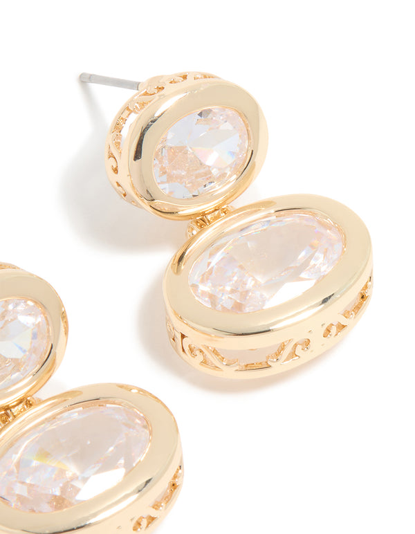 Gold Cubic Zirconia Double Bezel Etched Outer Stud Earrings