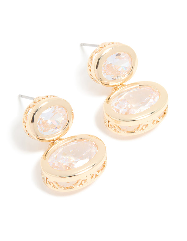 Gold Cubic Zirconia Double Bezel Etched Outer Stud Earrings