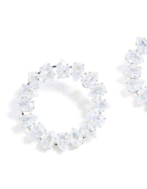 Silver Cubic Zirconia Pear Circle Stud Earrings