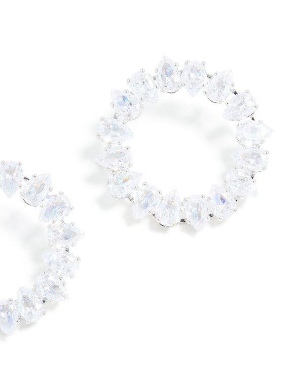 Silver Cubic Zirconia Pear Circle Stud Earrings