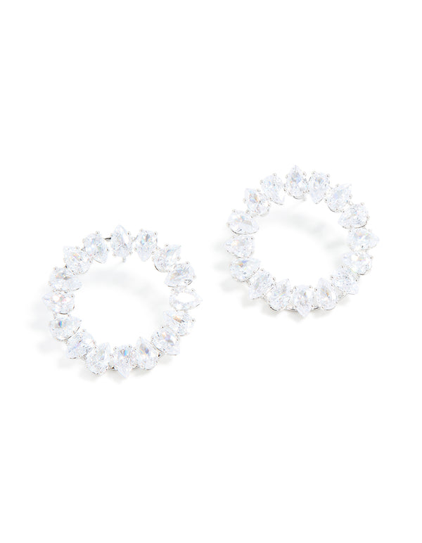Silver Cubic Zirconia Pear Circle Stud Earrings