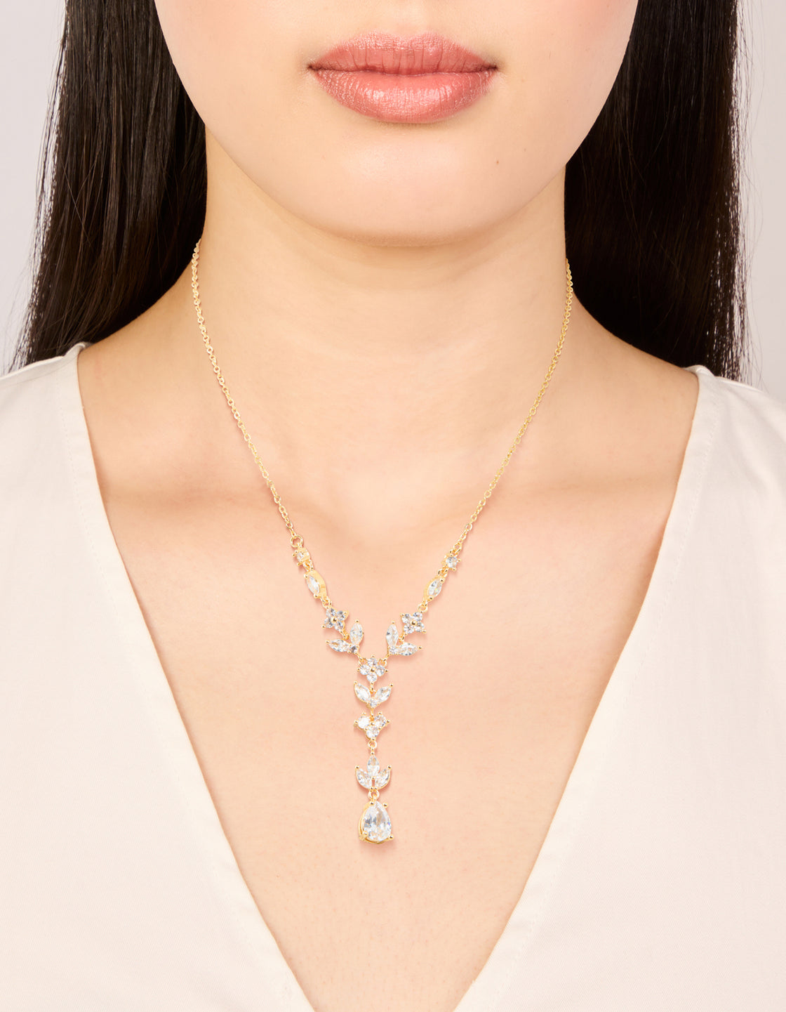 Gold Cubic Zirconia Floral Pear Y-Necklace