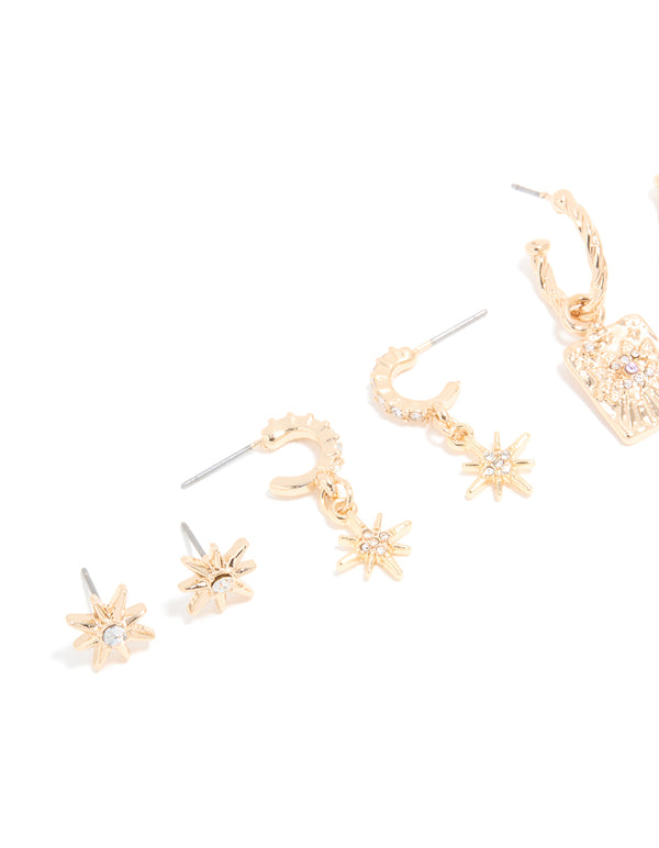Gold Cubic Zirconia Celestial Hoop & Stud Earrings 4-Pack