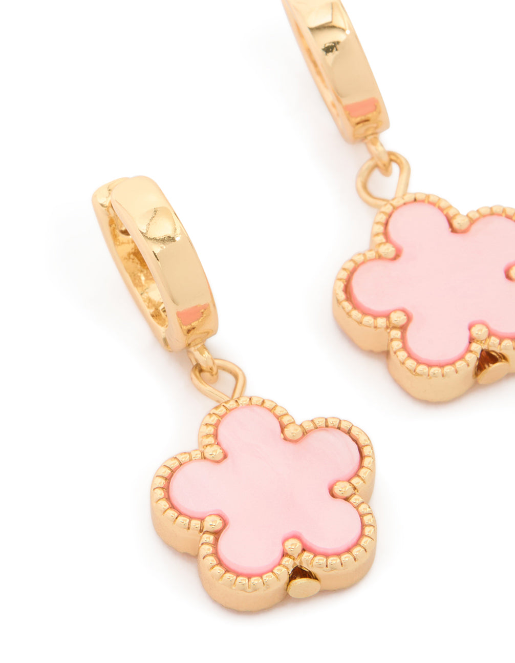 Gold Light Pink Flower Drop Huggie Earrings