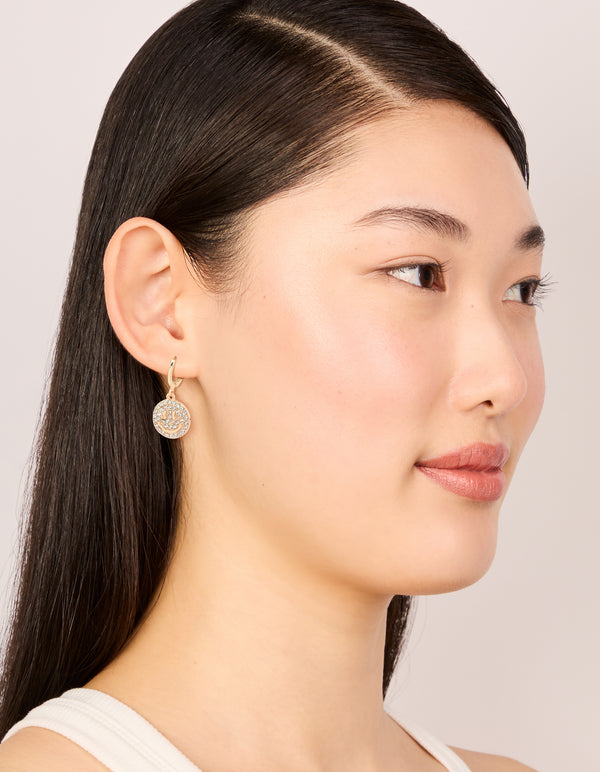 Gold Diamante Smiley Face Huggie Earrings