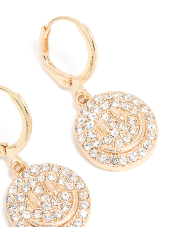 Gold Diamante Smiley Face Huggie Earrings