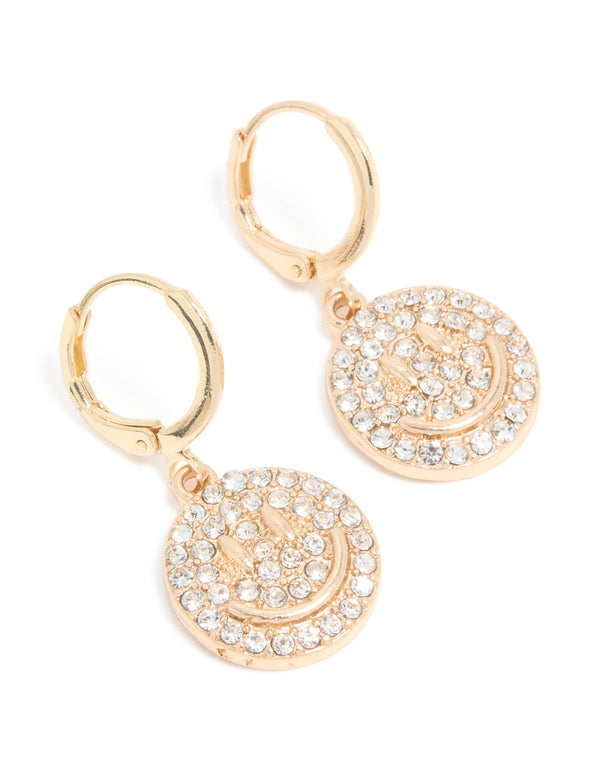 Gold Diamante Smiley Face Huggie Earrings