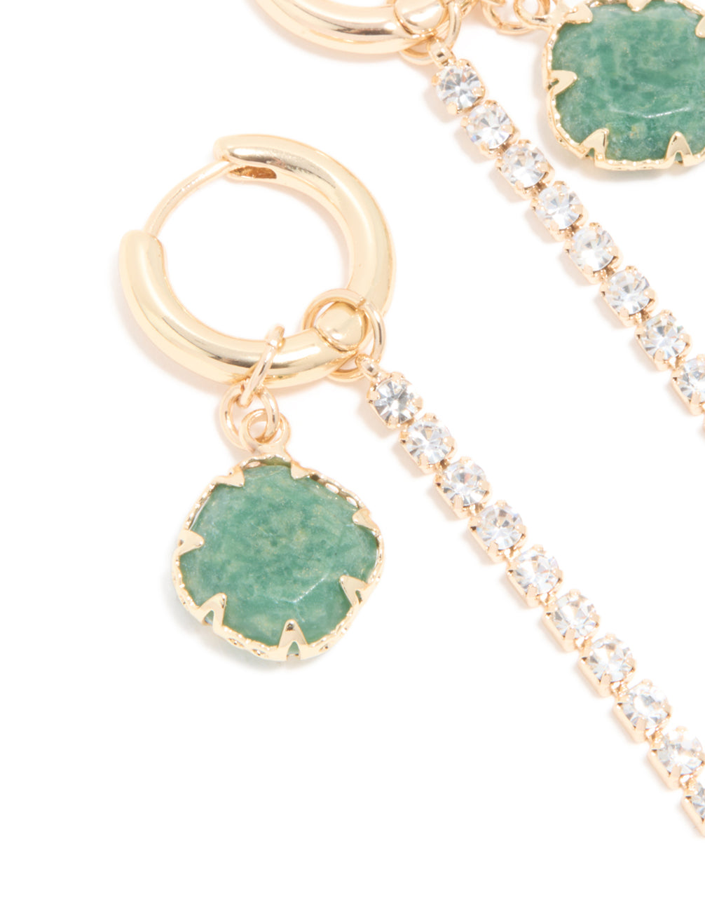 Gold Green Stone & Diamante Drop Chain Huggie Earrings