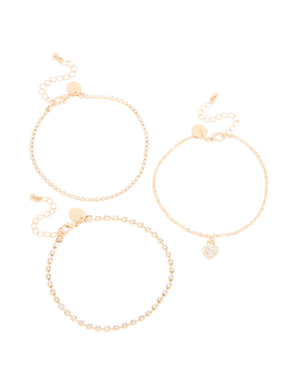 Gold Cubic Zirconia Tennis, Chain & Heart Anklets 3-Pack