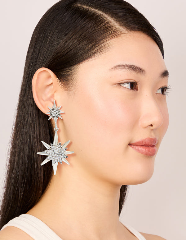 Antique Silver Diamante Asymetrical Star & Moon Drop Earrings