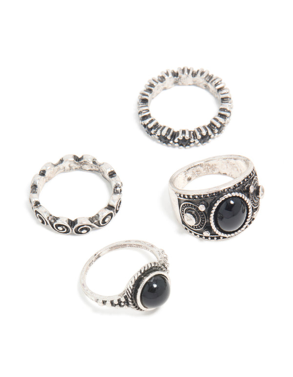 Antique Silver & Black Stones Boho Swirl Stacking 6-Pack
