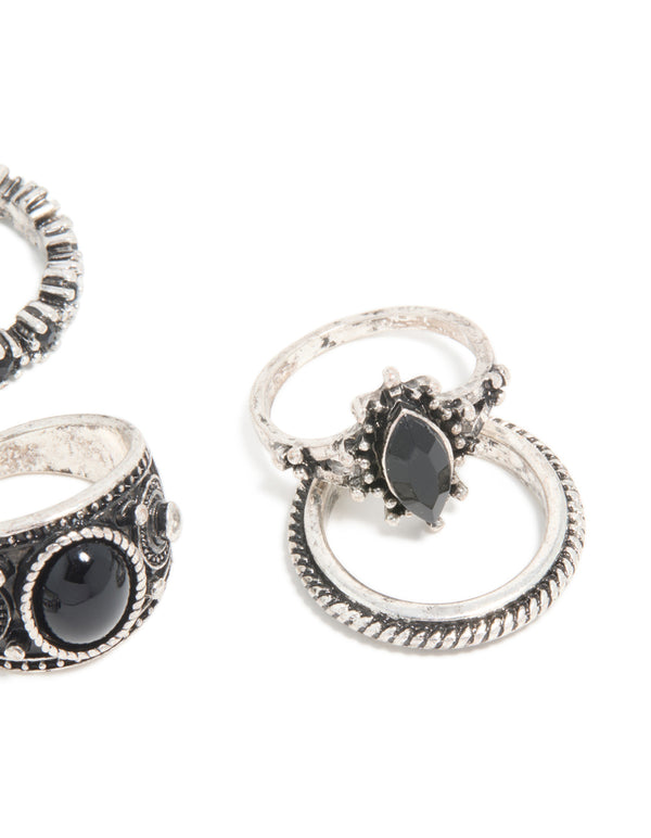 Antique Silver & Black Stones Boho Swirl Stacking 6-Pack