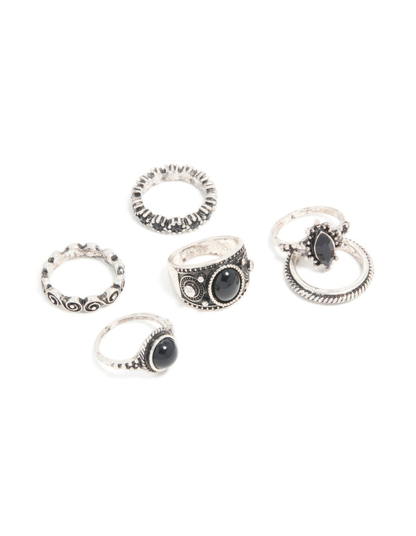 Antique Silver & Black Stones Boho Swirl Stacking 6-Pack