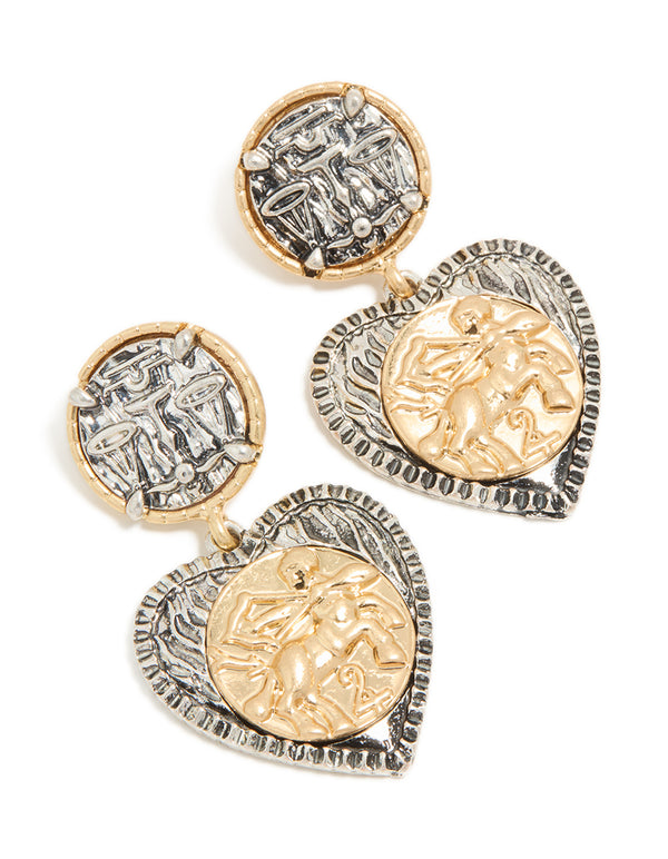 Antique Gold & Dark Blue Heart Drop Earrings
