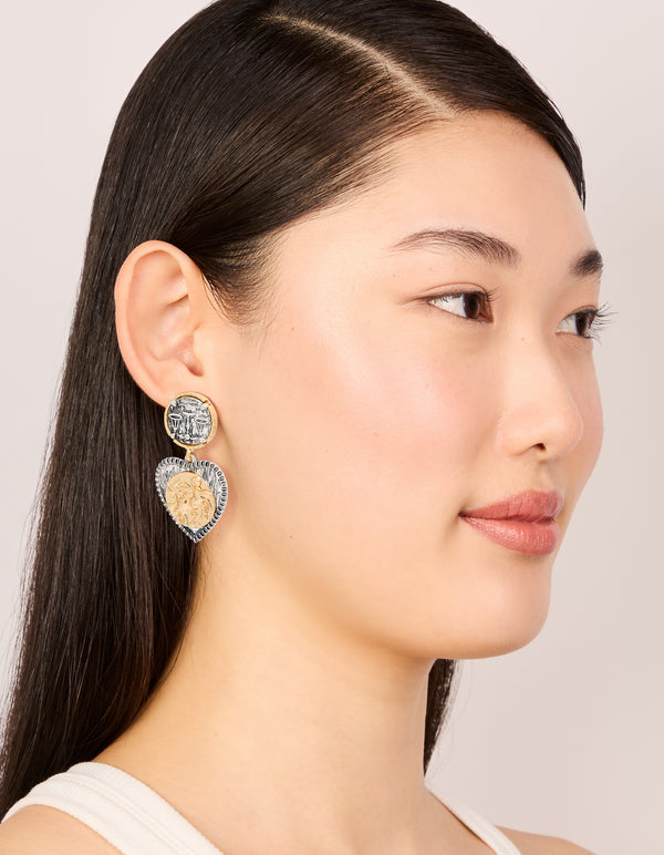 Antique Gold & Dark Blue Heart Drop Earrings