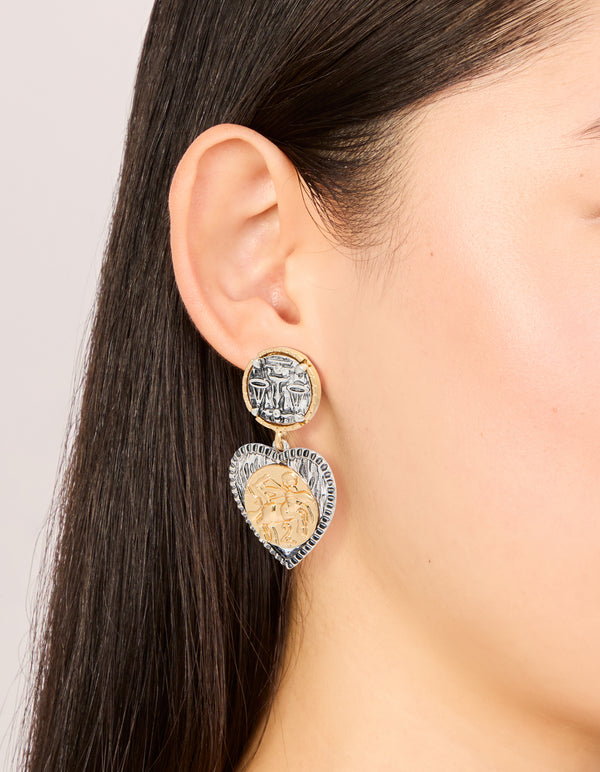 Antique Gold & Dark Blue Heart Drop Earrings